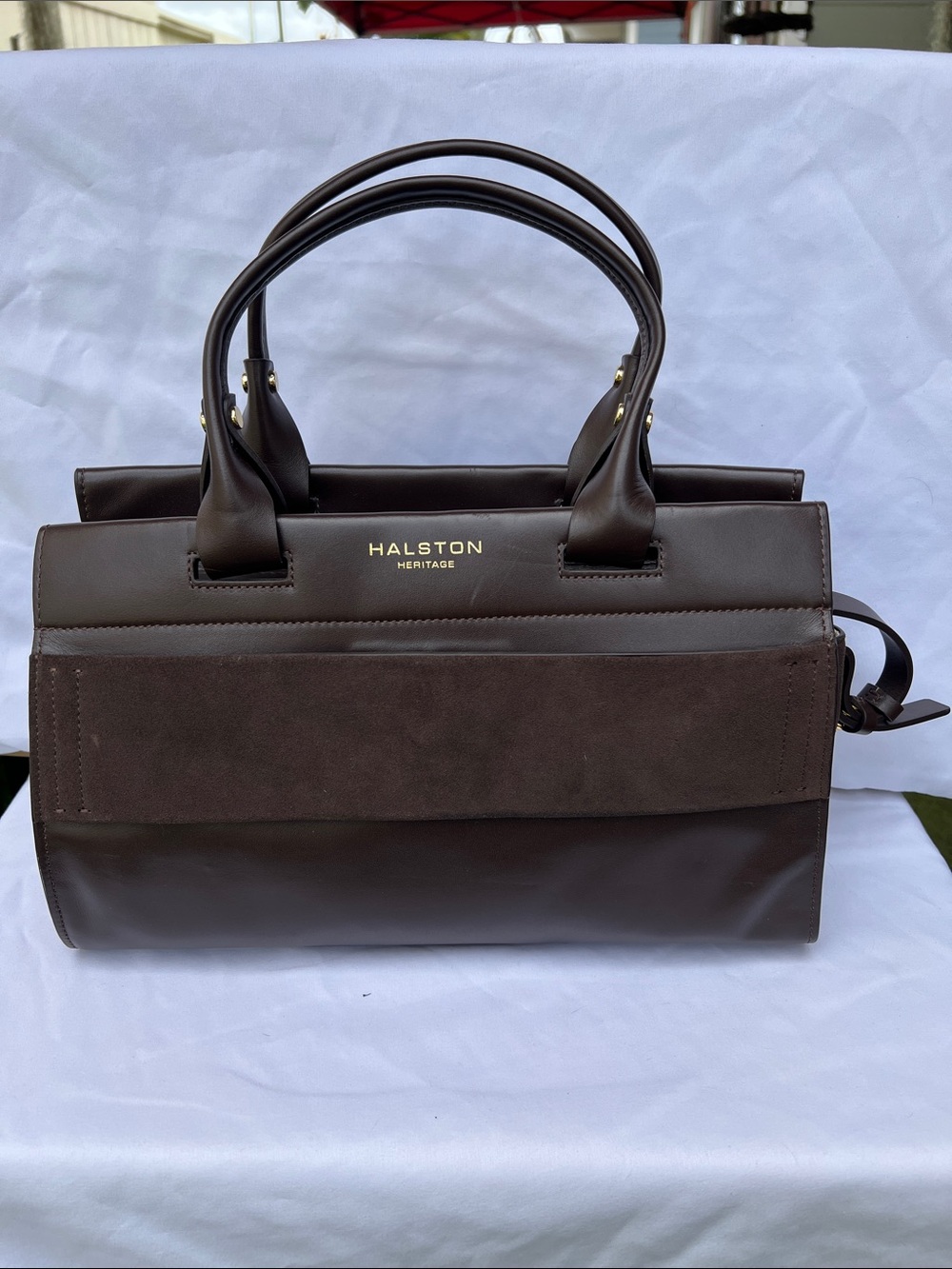 Halston Heritage Dark Brown Leather & Suede Satchel with Gold Logo
